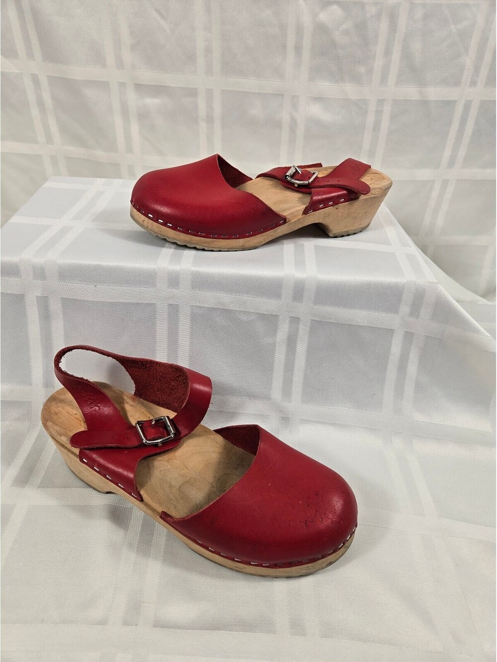 Lotta from Stockholm Red Leather Swedish Wooden Clogs Boho - Picture 2 of 11